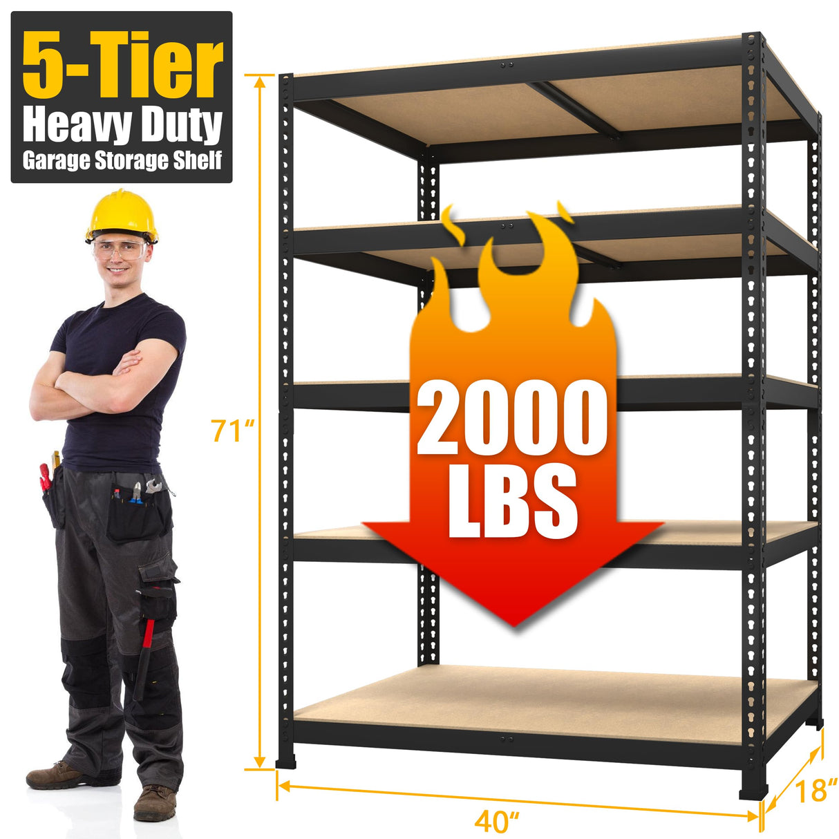 PrimeZone 40" W x 18" D x 71" H Heavy Duty Storage Shelves, 5 Tier Adjustable Garage Storage Shelving, Metal Shelving Unit Utility Rack Shelf for Warehouse Pantry Closet Kitchen, Black PrimeZone