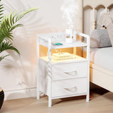 Night Stand Bedside Table Bedroom - Nightstand with Charging Station & LED Light Strip, Bed Side Table with Storage Shelf & 2 Fabric Drawers, Morden White End Table with U-S-B Ports & AC Outlets Lazzanto