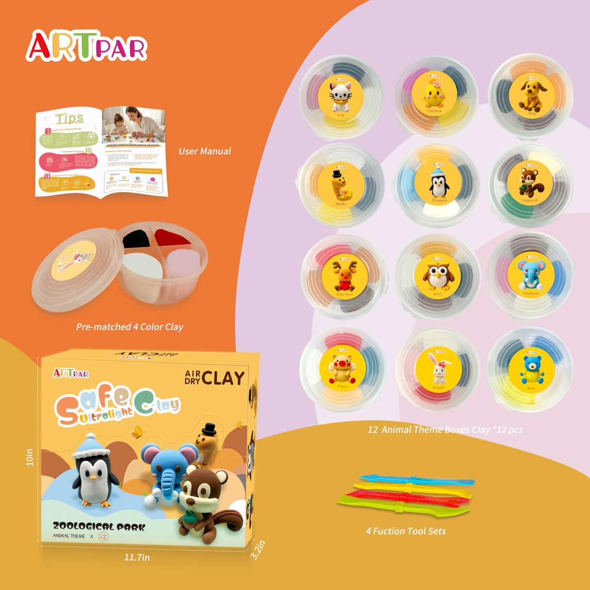 ARTPAR Air Dry Clay Kits for Kids-Modeling Magic Clay,12 Animals DIY Molding Clay Art Crafts Set,Ultra Light & Soft, Safe & Non-Toxic with Sculpting Tools & Tutorials, Unique Gifts for Boys & Girls ARTPAR