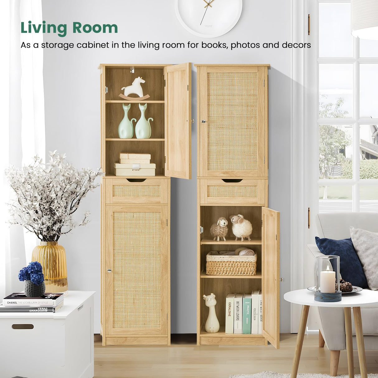 Iwell Tall Bathroom Cabinet with Doors, Rattan Storage Cabinet with Adjustable Shelves, Freestanding Narrow Linen Cabinet for Living Room, Entryway, Kitchen, Home Office, Natural Iwell