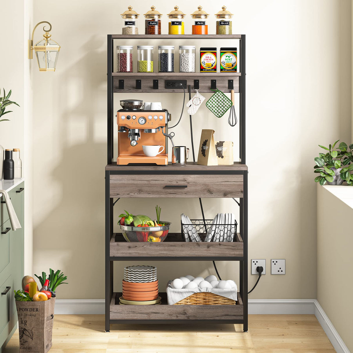Tribesigns Bakers Rack with Power Outlets, 5-Tier Kitchen Storage Shelf, Microwave Oven Stand with Drawer, 65”H Coffee Bar Table, Kitchen Rack with Sliding Shelves and 6 Hooks, Grey Tribesigns