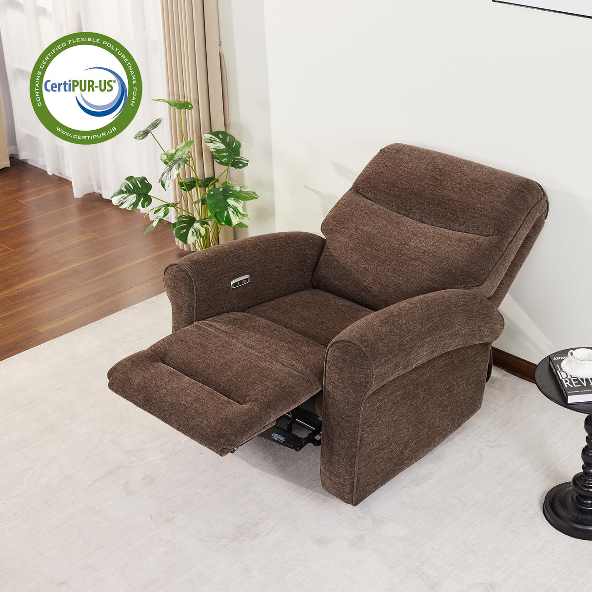 MCombo Power Wall Hugger Recliner Chair for Small Space RV Living Room, USB & USB-C Charging Ports, Modern Rolled Arm Recliner, Fabric PR630 (Dark Brown) MCombo