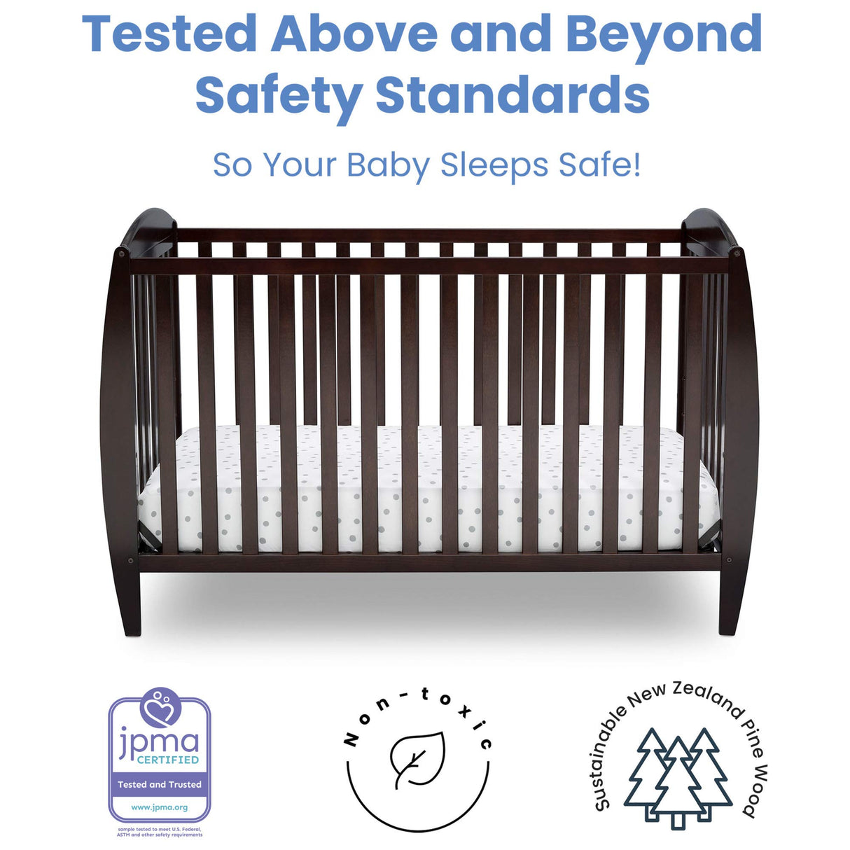 Delta Children Taylor 4-in-1 Convertible Baby Crib, Easy to Assemble, Sustainable New Zealand Wood, JPMA Certified, Dark Chocolate Delta Children