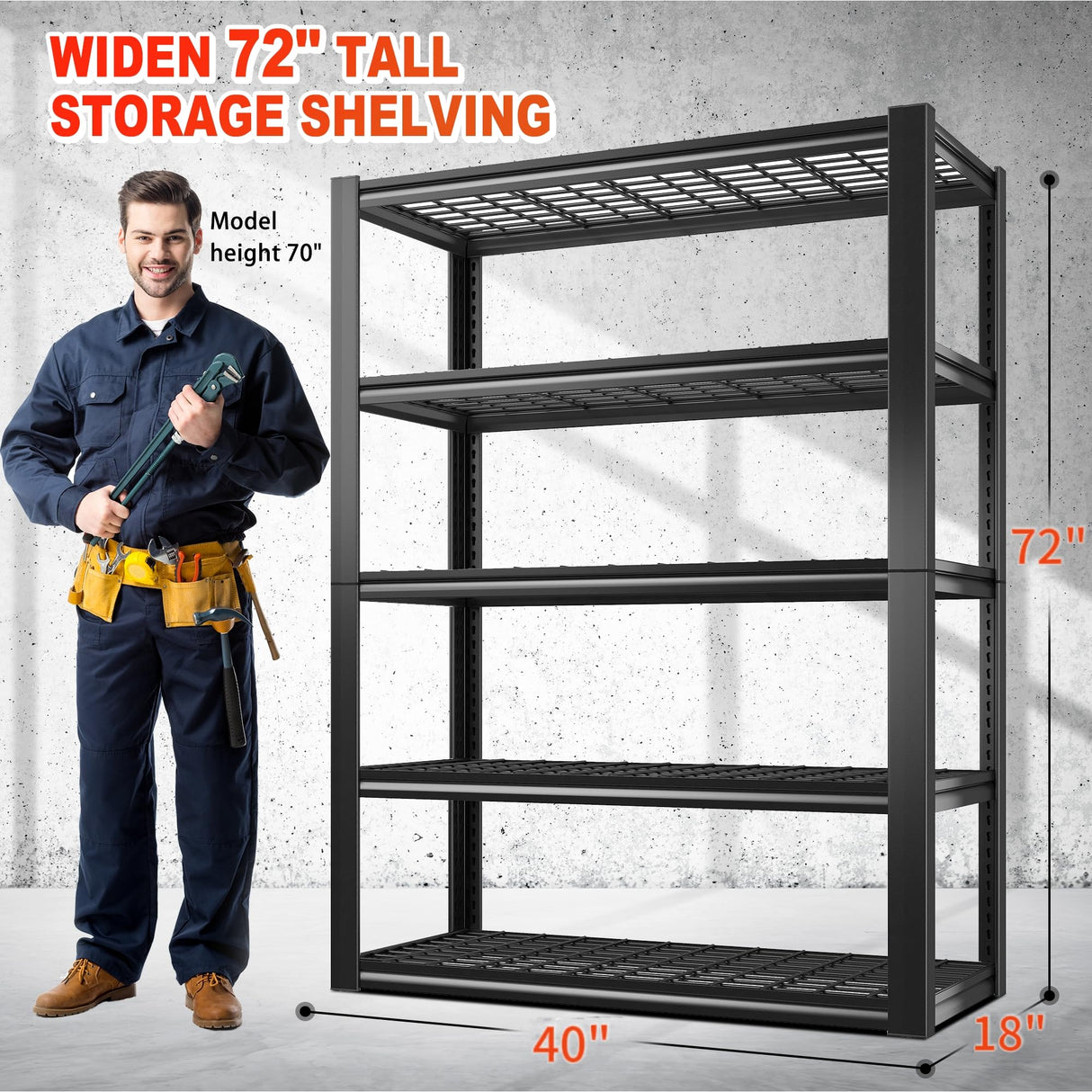 REIBII Garage Shelving Heavy Duty Loads 2500LBS 40" W Garage Storage Shelves Heavy Duty Shelving 72"H Adjustable Metal Shelving for Storage Rack 5 Tier Industrial Utility Shelf, 40"Wx18"Dx72"H, Black REIBII