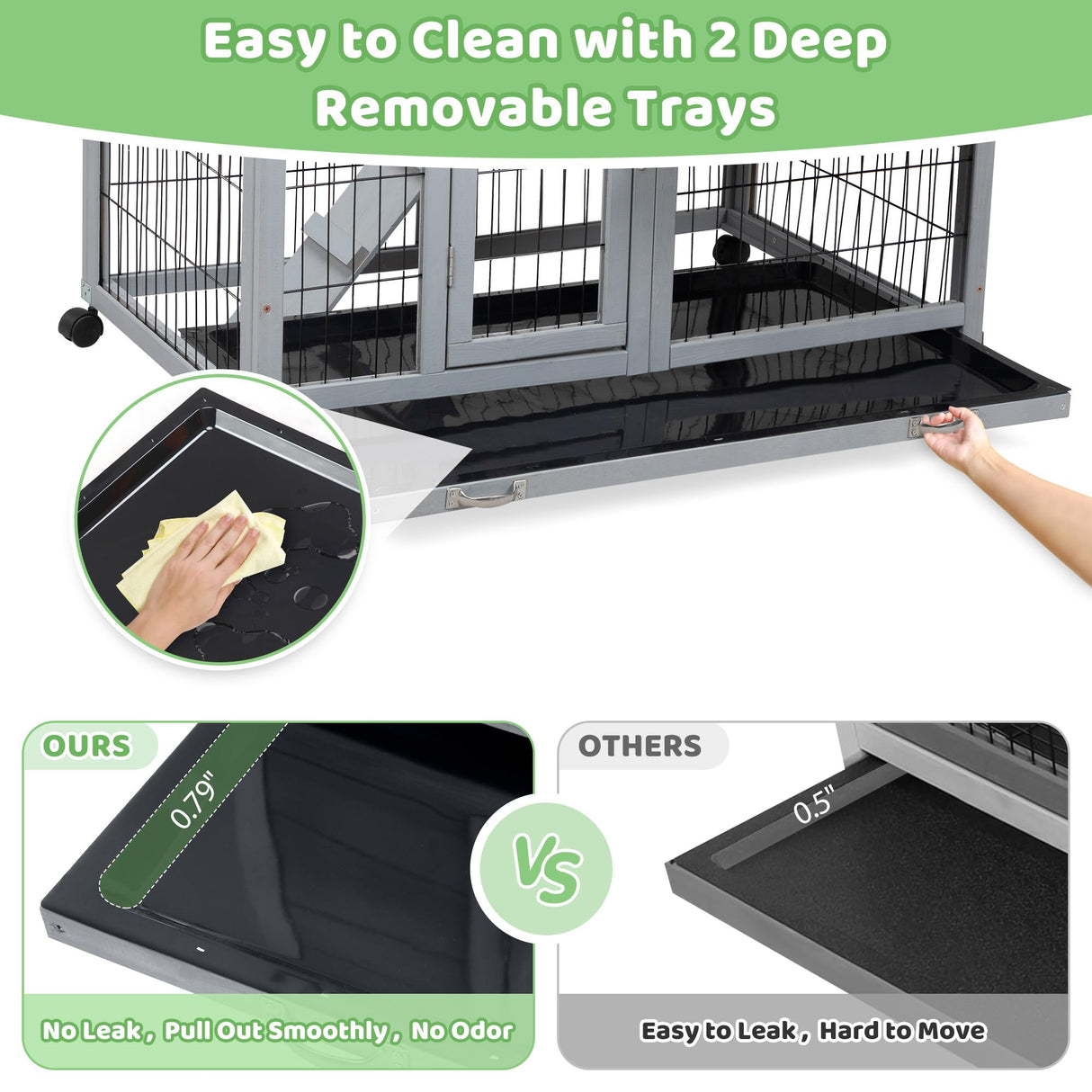 Rabbit Hutch Indoor Outdoor Bunny Cage 39" L Large 2-Story Wooden Small Animal House Enclosure with Wheels, 2 Removable Trays, Waterproof Openable Roof, Grey COZIVVOVV