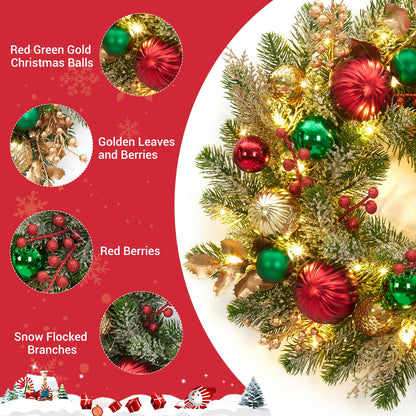 Adeeing 16" Christmas Wreath for Front Door, Lighted Christmas Wreath with 30 LED Lights Timer Red Green Gold Xmas Balls, Battery Operated Snow Flocked Winter Wreath for Fireplace Window Outdoor Decor