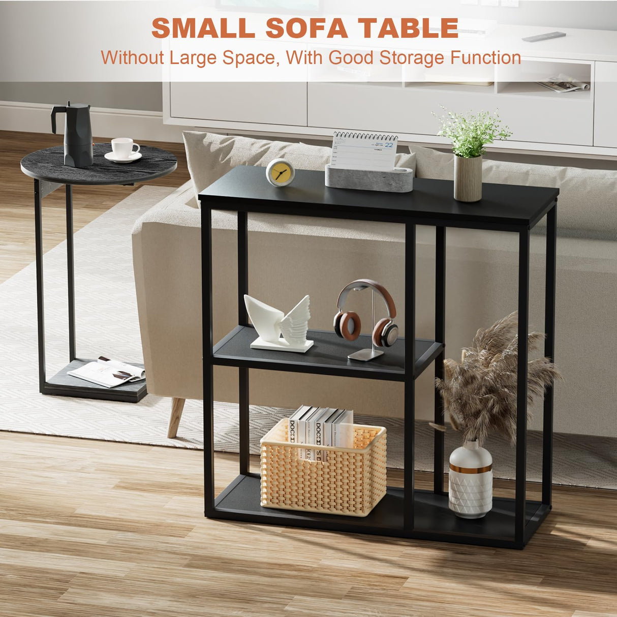 WOHOMO Console Table, 12'' Narrow Entryway Table for Living Room, 31.5'' x 31.5'' Black Industrial Sofa Table with 3-Tier Storage Shelves for Corridor, Hallway, Black WOHOMO