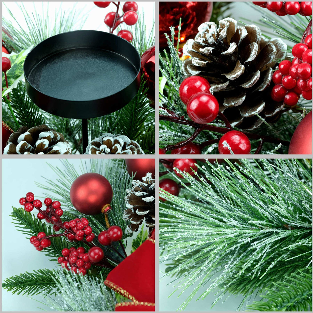 YULETIME 28" Christmas Triple Candelabrum, Holiday Candle Holder with Three Trays, Red Bowknot & Baubles, Natural Pine Cones, Red Berries, Green Leaves Holly, Spruce Branches, Pine Needles YULETIME