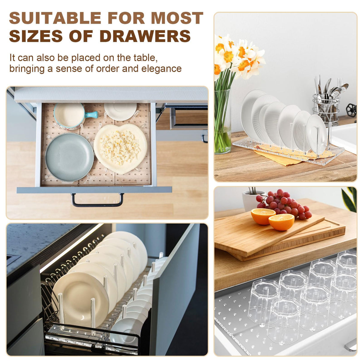 Kigley 3 Pcs Acrylic Pegboard Drawer Organizer with 32 Pegs - 16 x 5.91 in Clear Peg Board System - Drawer Organizers for Dishes, Food Containers, Cookware, Utensils - Kitchen Kigley