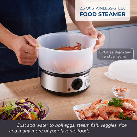 Elite Gourmet EST250 2.5 Quart Electric Compact Mini Food Vegetable Steamer, 400W with BPA-Free Tray, Auto Shut-off 60-min Timer, Veggies, Seafood, Chicken, Egg Cooker and more Elite Gourmet