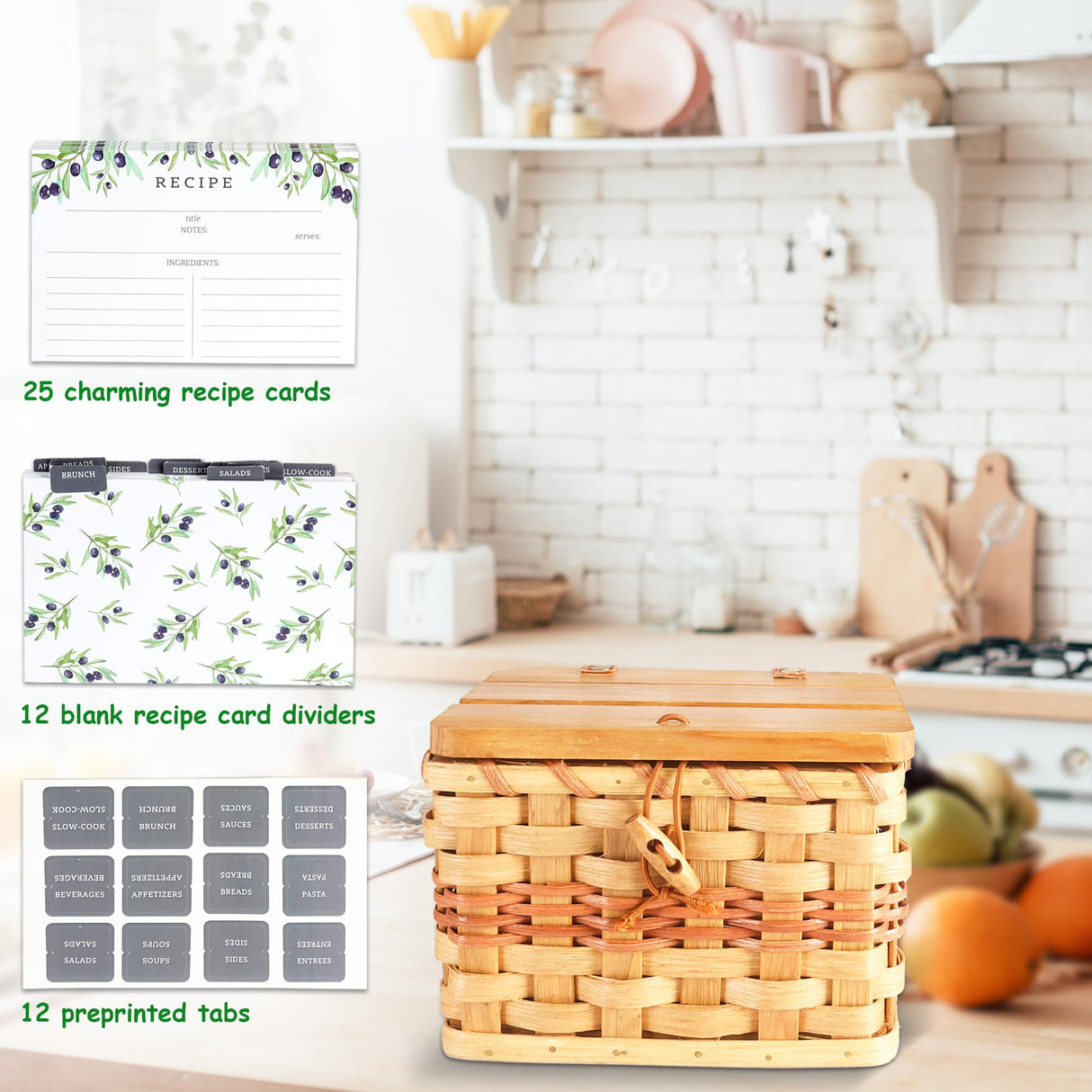 Primo Lines Recipe Box, Bamboo Recipe Organizer with 2 Slots Cellphone Stand, Kitchen Wooden Recipe Holder with 25 Recipe Cards 4"x6" and 12 Dividers, Wicker Picnicbasket Box Set Primo Lines