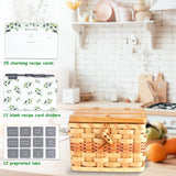 Primo Lines Recipe Box, Bamboo Recipe Organizer with 2 Slots Cellphone Stand, Kitchen Wooden Recipe Holder with 25 Recipe Cards 4"x6" and 12 Dividers, Wicker Picnicbasket Box Set Primo Lines