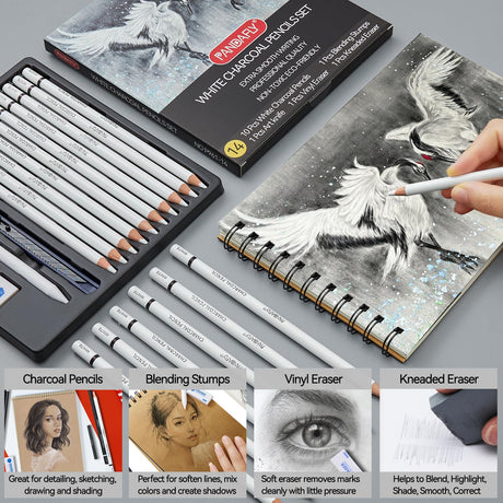 PANDAFLY White Charcoal Pencils Set, Professional 14 Piece Sketch Highlight Charcoal Pencils for Drawing, Sketching, Shading, Blending, White Chalk Pencils for Kid, Beginners & Pro Artists PANDAFLY