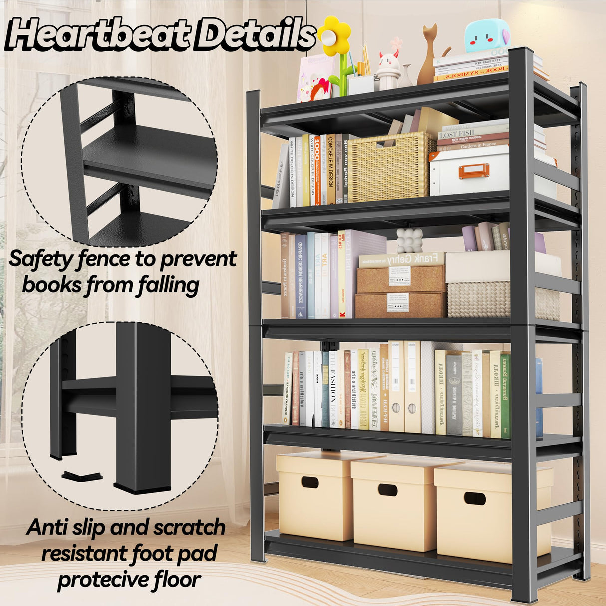 BEESTMUEBLE 5 Tiers Book Shelf, 48 Wide Bookcase,Metal Black Bookshelves, Living Room Shelves, Open Shelf Bookcase with Fences, Book Shelves for Bedroom/Office/Study, 47.2" W*23.6" D*72" H BEESTMUEBLE