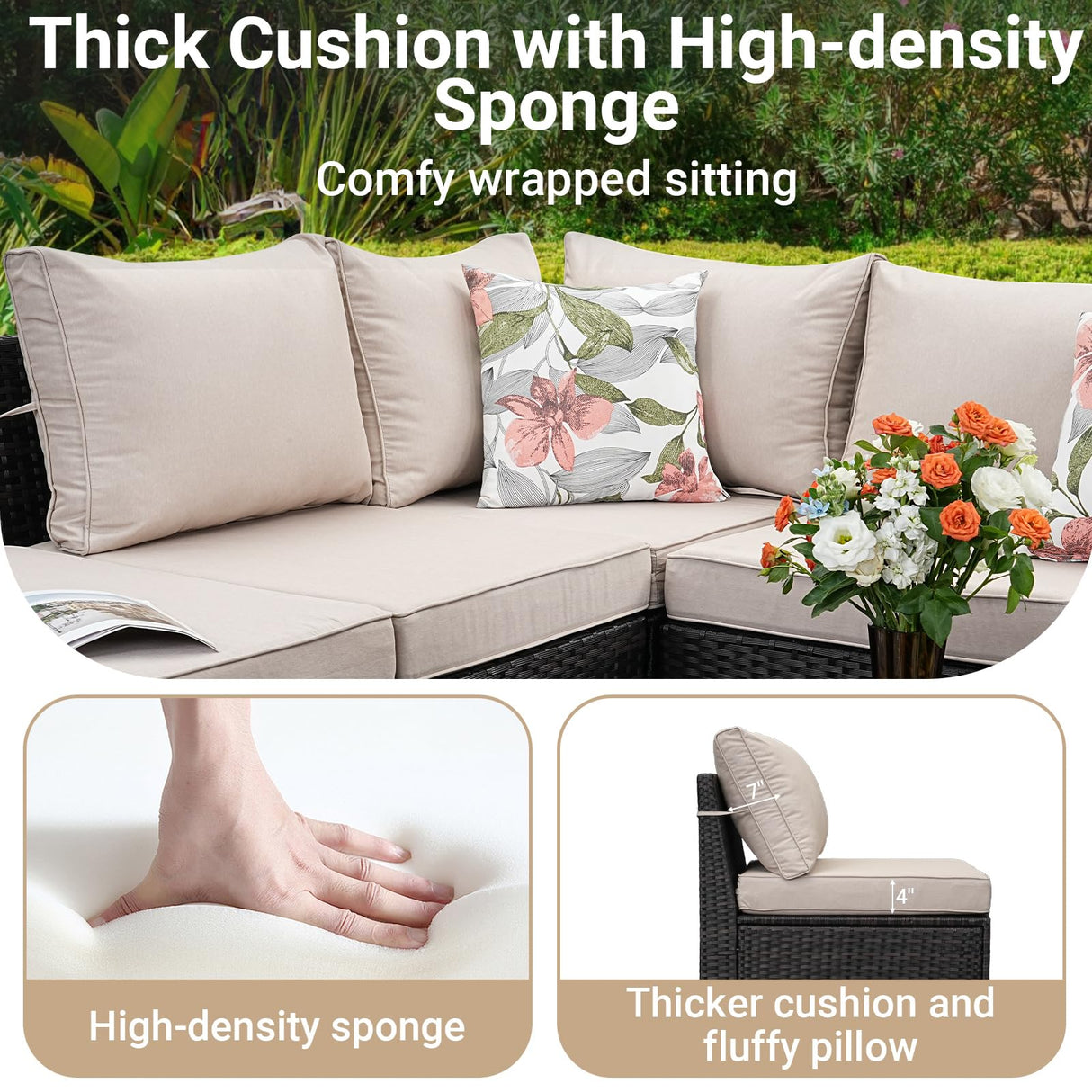 Jing's Villa 5-Piece Patio Furniture Set, All-Weather Outdoor Wicker Sectional Sofa with Cushions, Tempered Glass Table & Ottoman, Rattan Conversation Seating for Porch, Garden, Backyard,Beige Jing's Villa