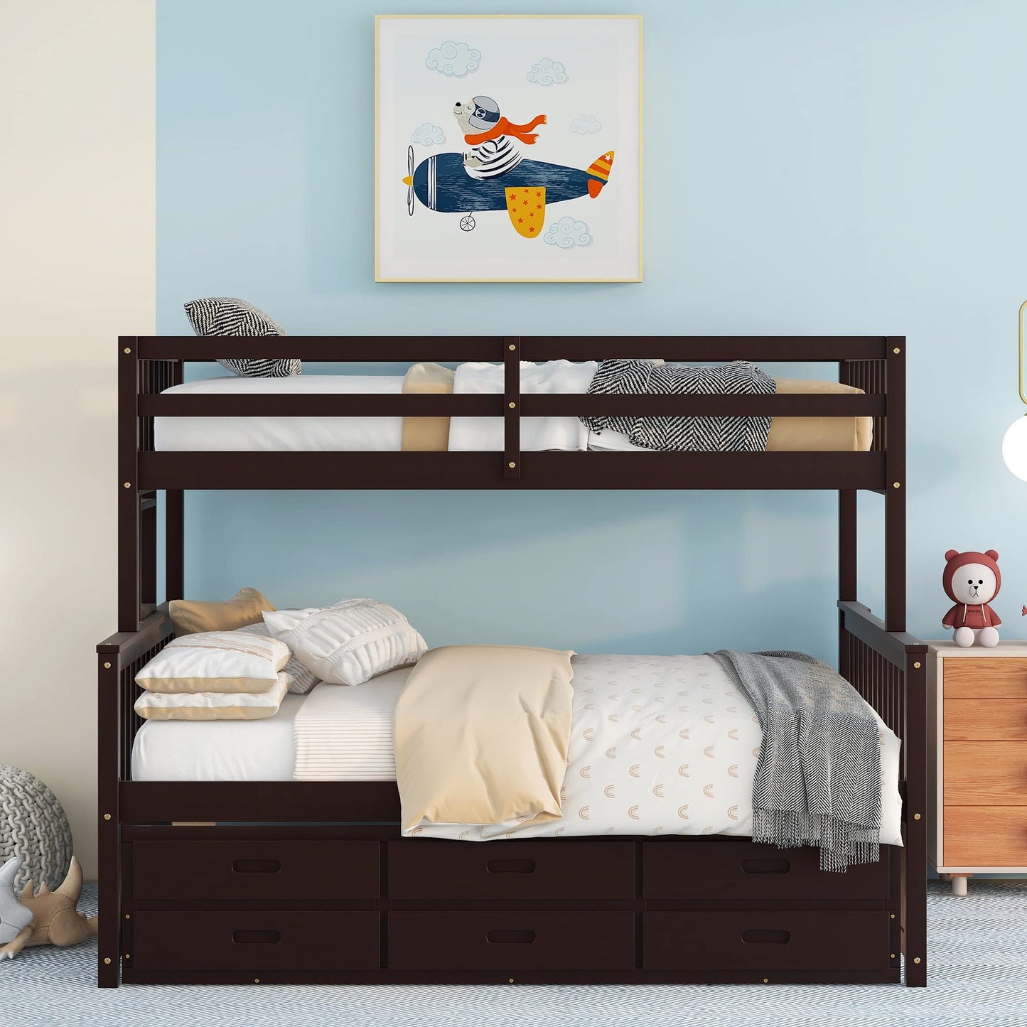 Linique Espresso Twin-Over-Full Bunk Bed with Trundle and 3 Storage Drawers - WoodArtSupply