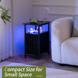 Yoobure End Table with Charging Station, Narrow Side Table LED Small Night Stand, Skinny Nightstand with Fabric Drawers, Bedside Table End Tables Living Room, Side Tables Bedroom for Small Spaces Yoobure