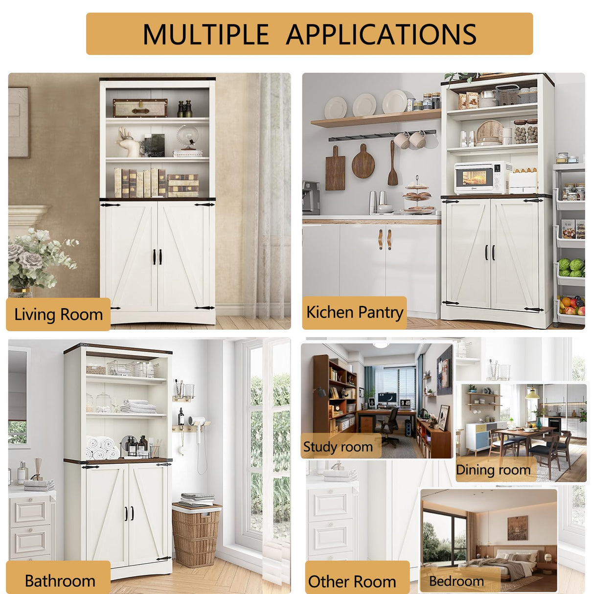 Farmhouse Tall Storage Cabinet with Adjustable Shelves and Barn Doors - 71in White Kitchen Pantry Hlivelood