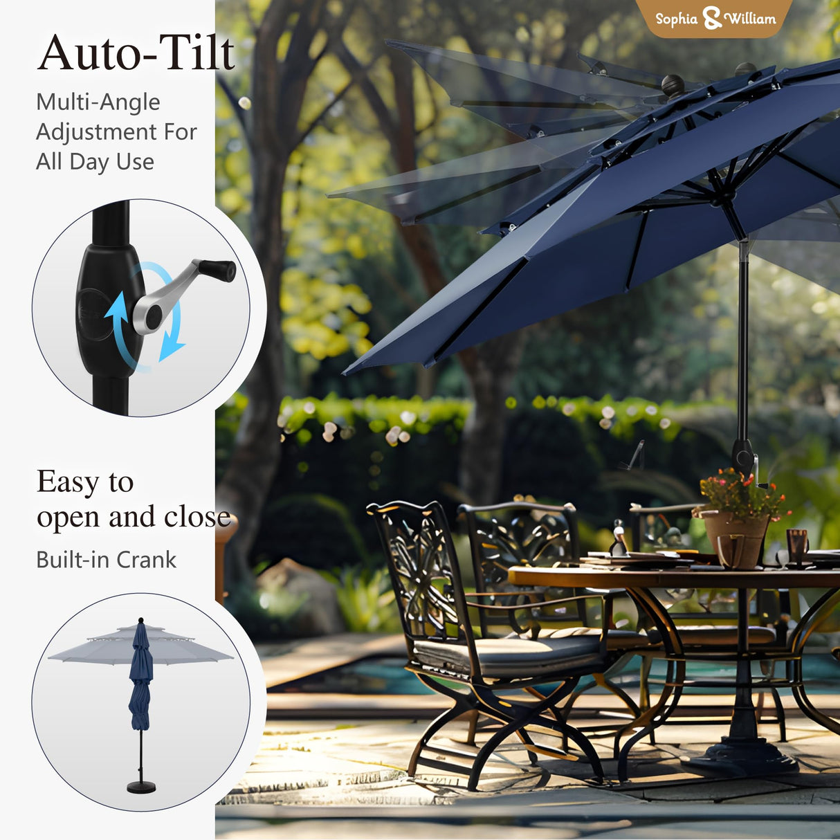 Sophia & William Metal Outdoor Patio Dining Set 6 PCS with 10ft 3 Tier Auto-tilt Umbrella(Navy Blue), 4 x Metal Outdoor Chairs, 1 x Square 37"x 37" Dining Table and 1 Patio Umbrella Sophia & William