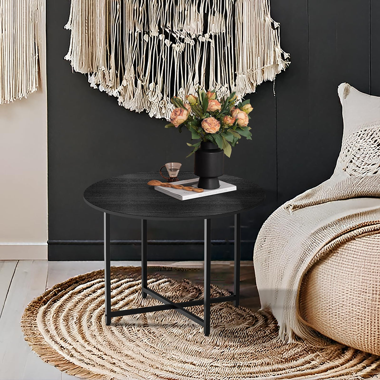 FAMIDGE Coffee Table, 23.6" Coffee Tables for Living Room, Round Coffee Table with Metal Frame, Floor Table for Sitting on The Floor, Home, Office, Black FAMIDGE