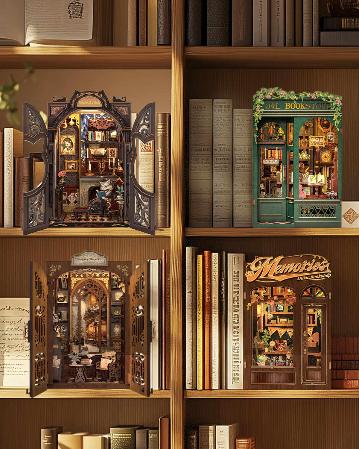 Cutefun Book Nook Kit - DIY Miniature House Kit for Bookshelf Decor, Book Nook Kits for Adults & Beginners, 3D Wooden Puzzle Dollhouse, Ideal Gift for Family and Friends (OWL Bookstore) Cutefun