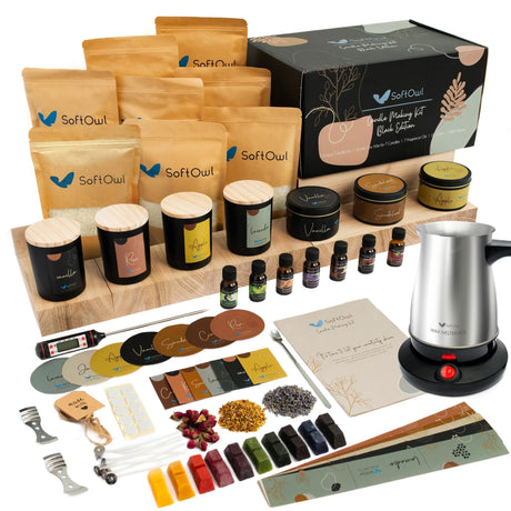 SoftOwl Premium Soy Candle Making Kit - Black Edition - Full Set with Electric Melter - Soy Wax, Big 7oz Jars & Tins, 7 Pleasant Scents, 10 Color Dyes & More - Perfect as Home Decorations SoftOwl