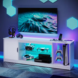 Bestier LED TV Stand with Power Outlets for 55/60/65 Inch TV, Gaming Entertainment Center with Cabinet for PS5, Modern TV Cabinet with Adjustable Glass Shelves for Bedroom 58 Inch Carbon Fiber White Bestier