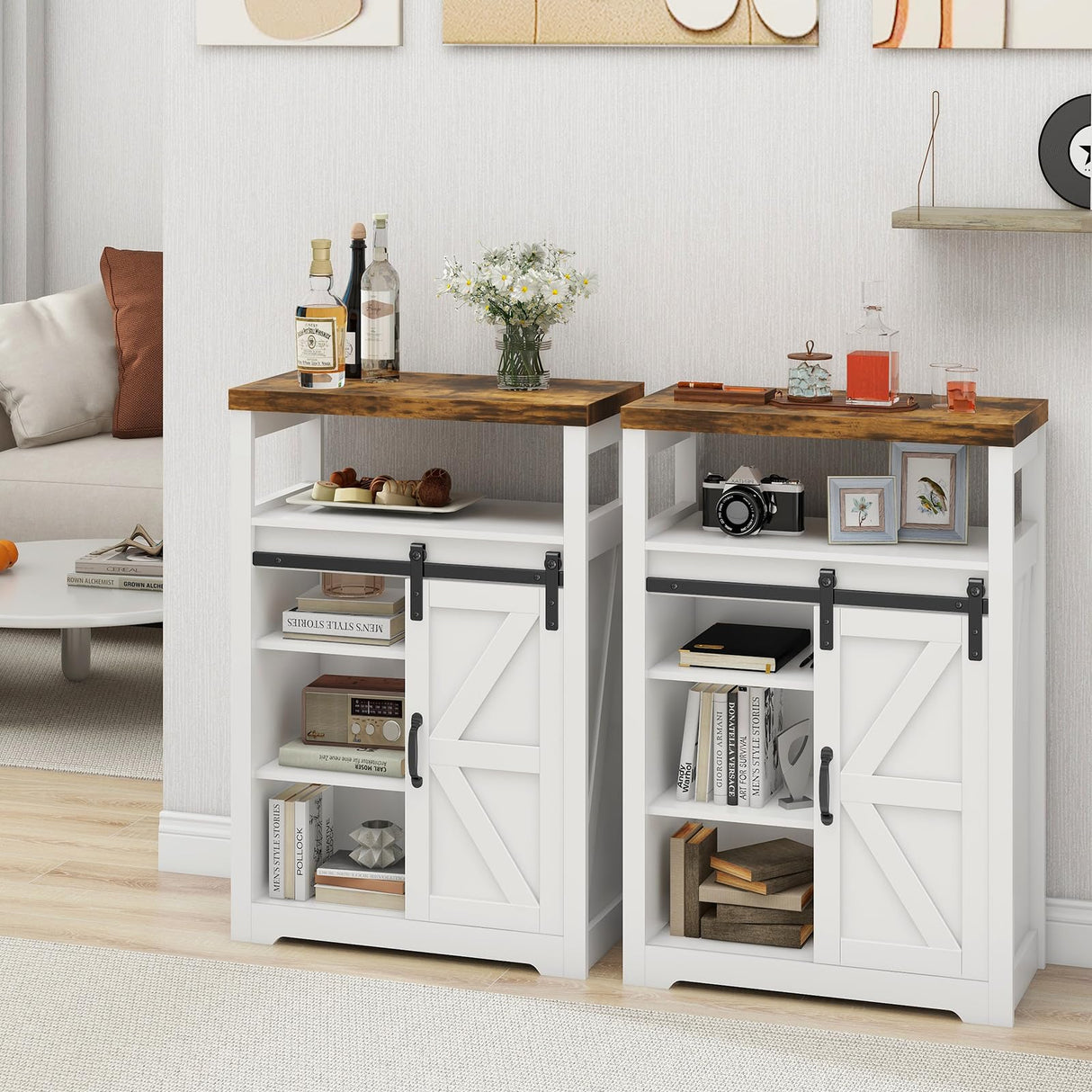 Vabches Bathroom Floor Cabinet, Small Storage Cabinet with Sliding Door, Adjustable Shelf, Farmhouse Storage Cabinet for Bathroom, Kitchen, Living Room, Rustic Style Cabinet, White Vabches