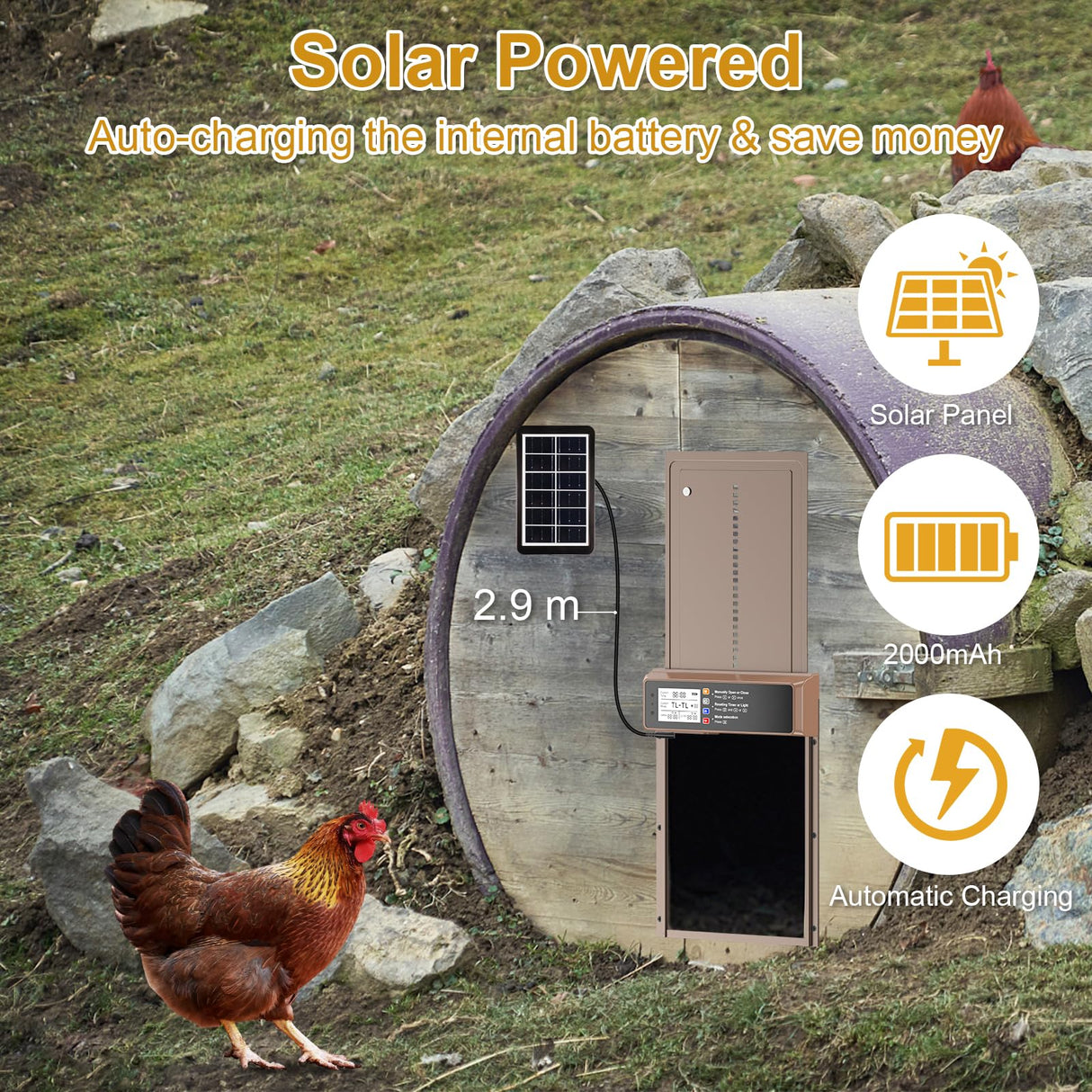NyPots Automatic Chicken Coop Door Solar Powered, LCD Display Automatic Chicken Door with Timer & Light Sensor, Aluminum Alloy Chicken Door with Remote Control & 4 Modes Automatic Chicken Door Solar NyPots