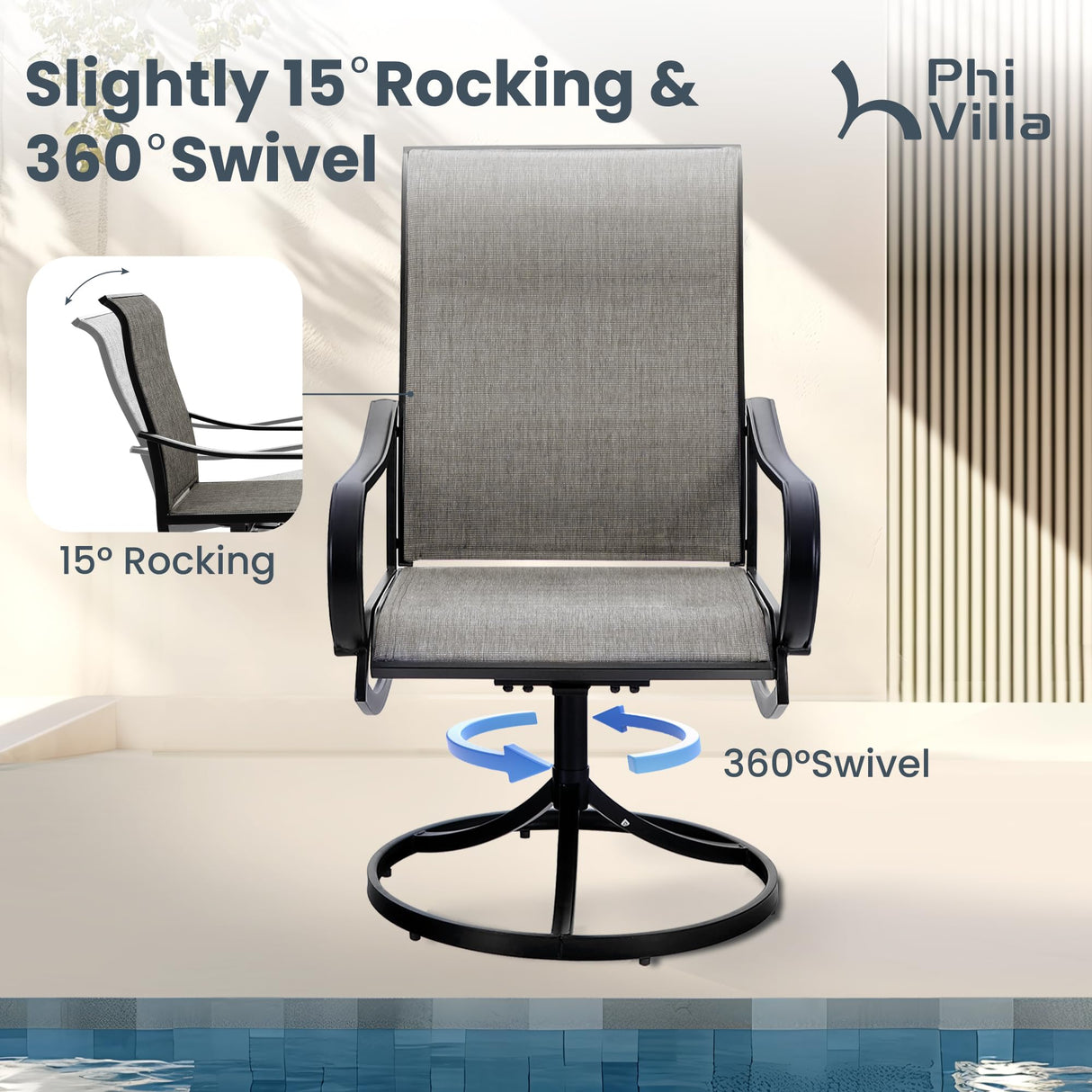 PHI VILLA 5 Piece Patio Dining Set Clearance with 4 Swivel Dining Chairs & 1 Square Metal Dining Table with 1.57 inches Hole, for Outdoor Kitchen Lawn & Garden Black Coated PHI VILLA