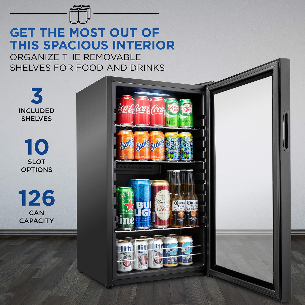 Ivation 126 Can Beverage Refrigerator | Freestanding Ultra Cool Mini Drink Fridge | Beer, Cocktails, Soda, Juice Cooler for Home & Office | Reversible Glass Door & Adjustable Shelving - Black Ivation