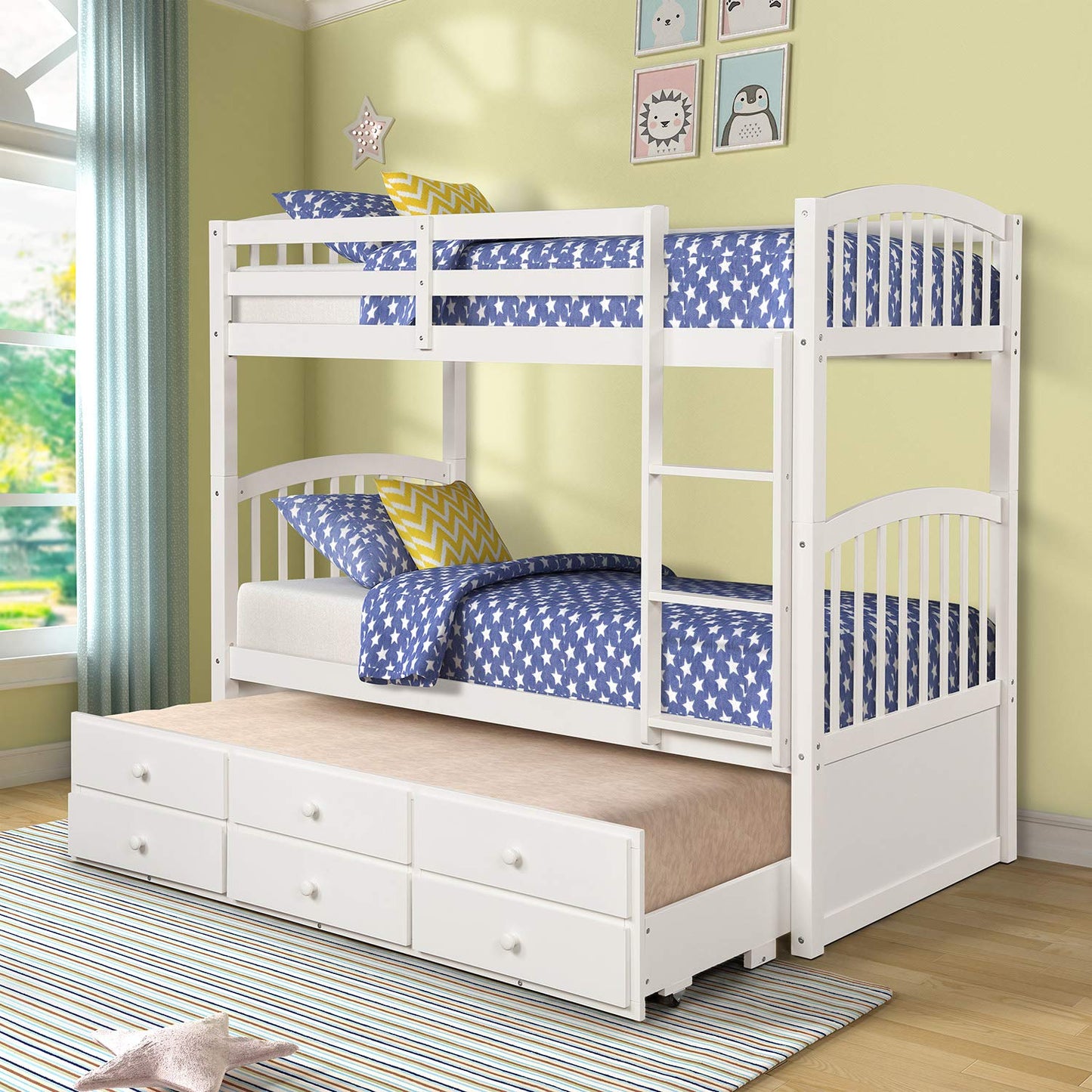 Harper&Bright Designs Twin Over Twin Bunk Bed with Twin Trundle, 3 Storage Drawers, Safety Rail, and Removable Ladder, Can be Separated into 3 Bed, White