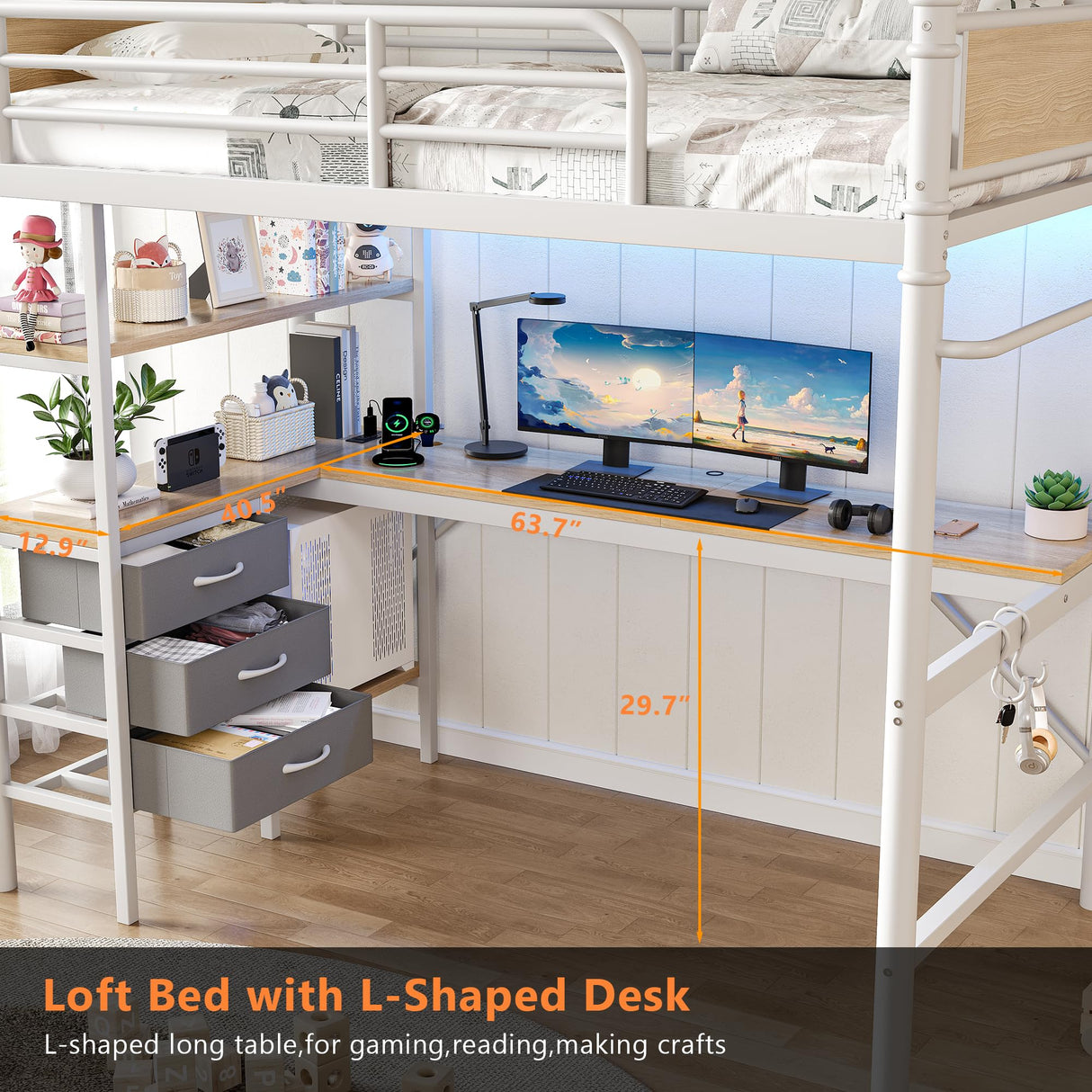 Jocoevol Twin Size Heavy Duty Metal Loft Bed with L-Shaped Desk, LED Lights,Charging Station, Industrial Loft Bed Frame with 3 Storage Shelves and 3 Fabric Drawers, Safety Guard & Ladder (White) Jocoevol