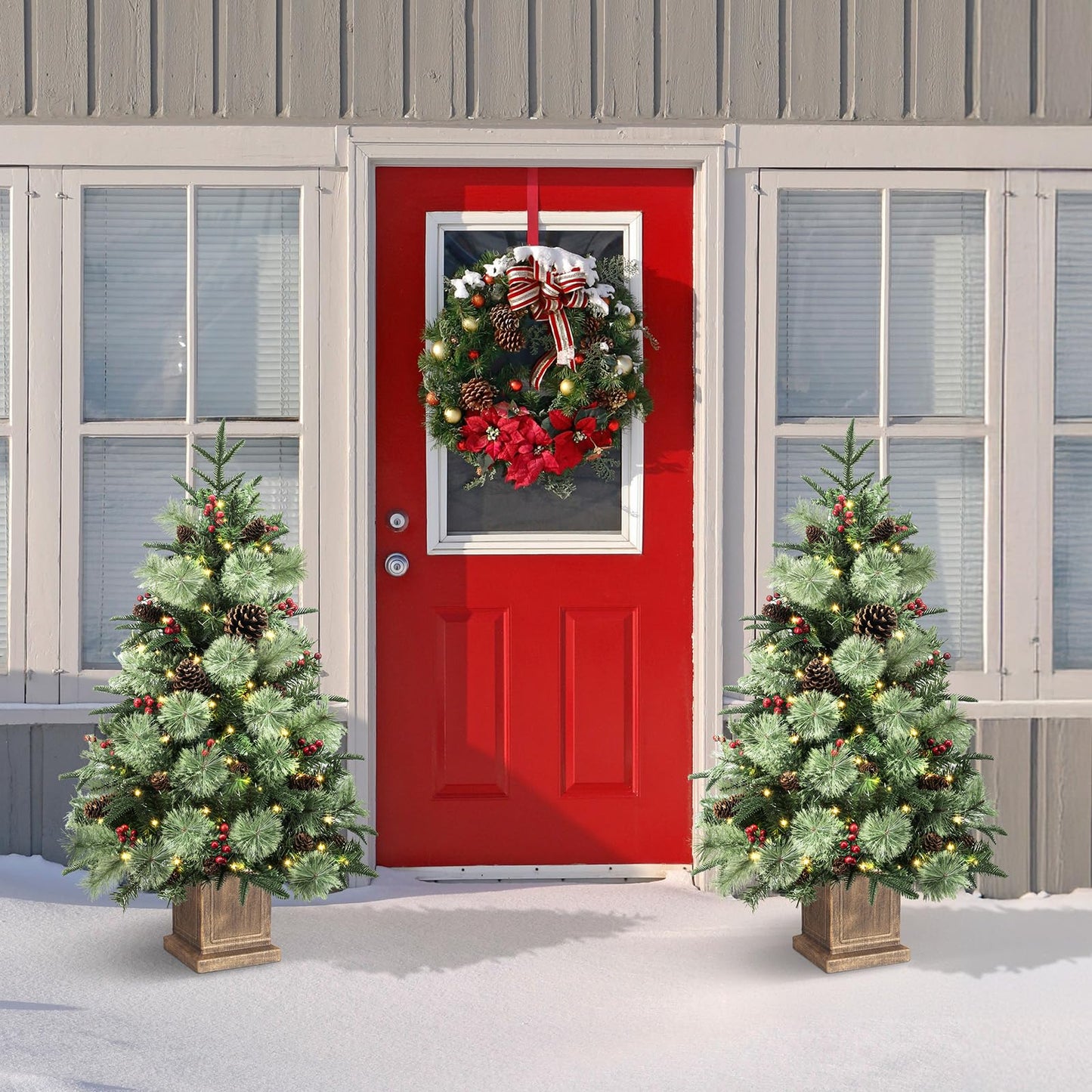 Jin&Bao 4FT Potted Christmas Tree with 100 Lights, Artificial Christmas Tree Outdoor Decor 8 Mode Timer Waterproof with Long Pine Cones & Red Berries for Front Door, Porch, 2 Pack