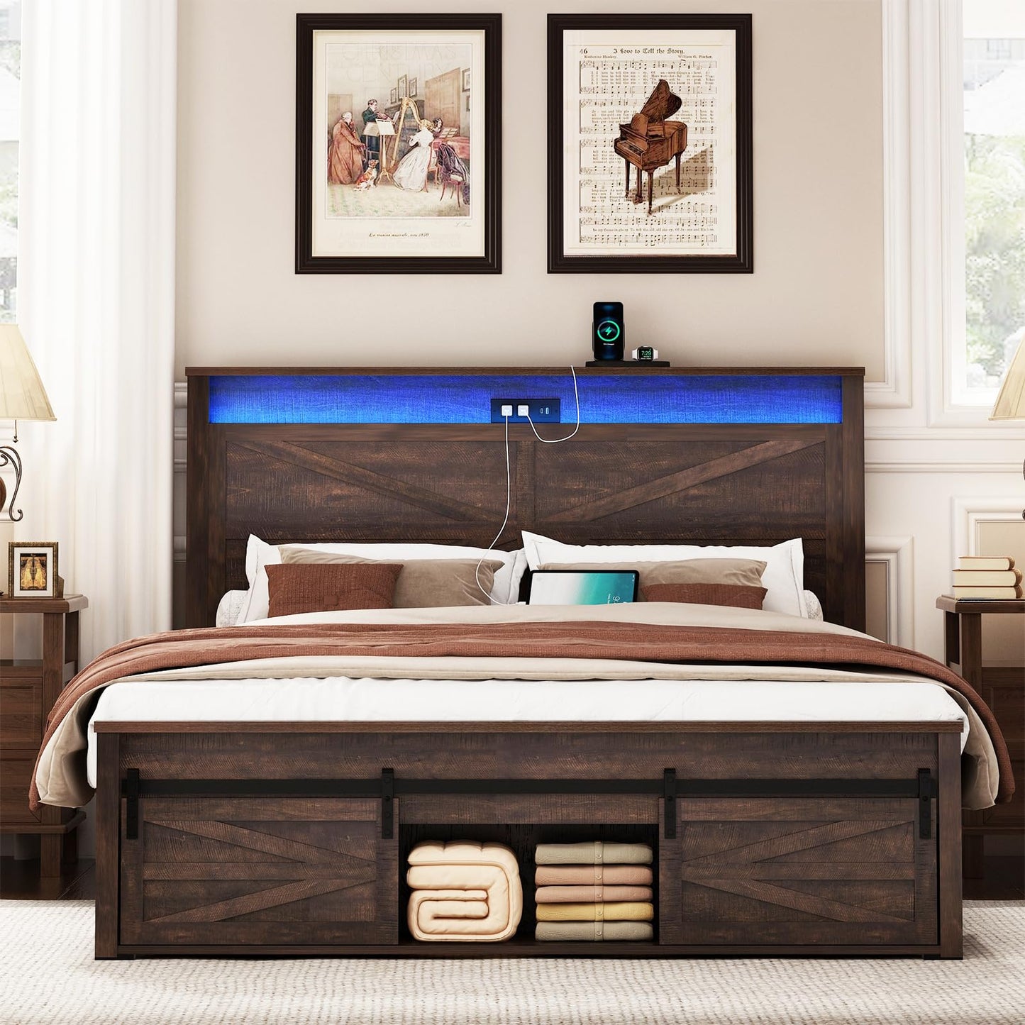 Hlivelood Rustic Farmhouse LED Queen Bed Frame with Sliding Barn Door Storage & Charging Station - WoodArtSupply