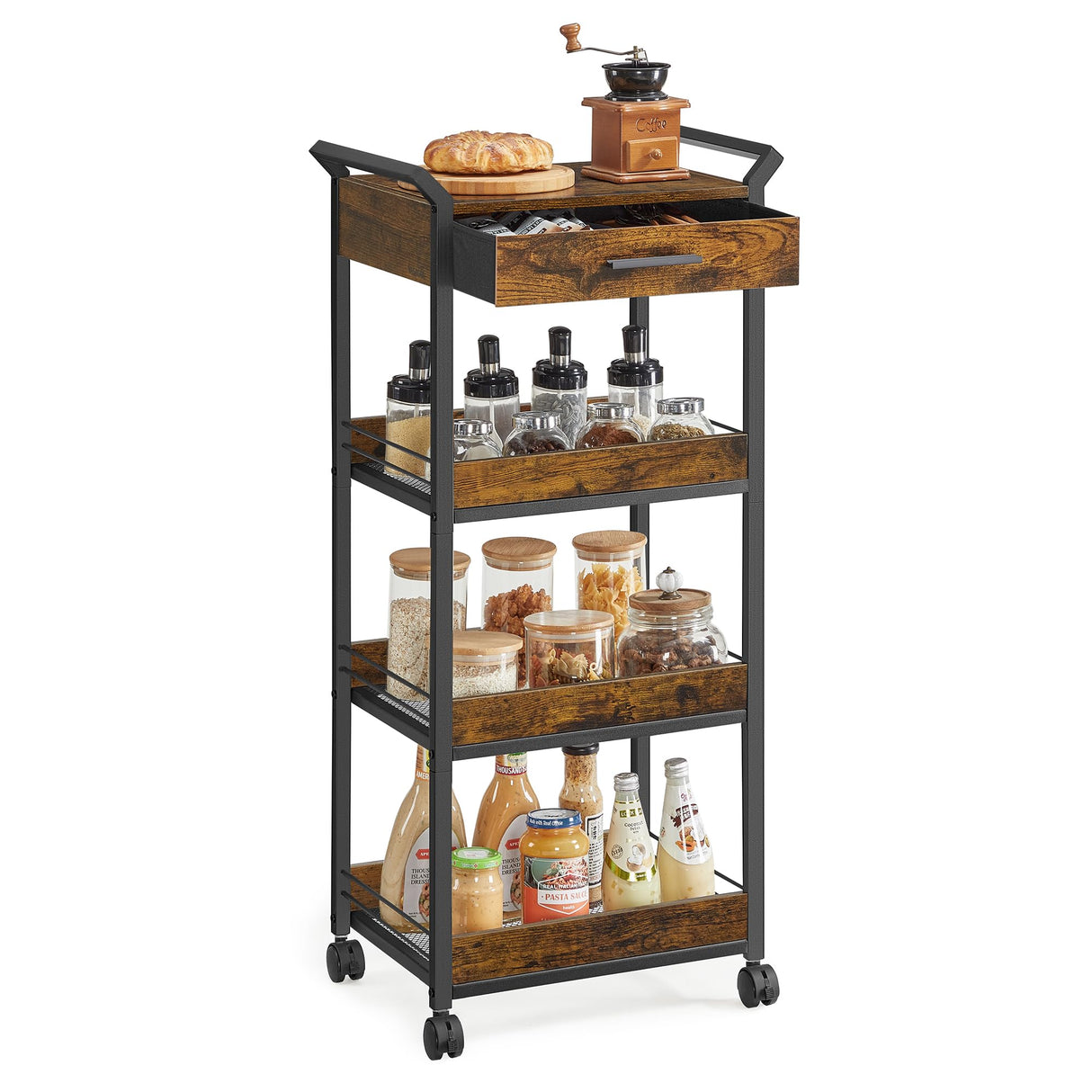 VASAGLE Storage Cart, 4-Tier Rolling Utility Cart with Table Top, Handles, 4 Lockable Casters, Top Drawer, Mesh Shelves, for Kitchen, Bathroom, Bedroom, Rustic Brown and Ink Black ULRC049K01 VASAGLE