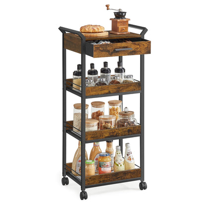 VASAGLE Storage Cart, 4-Tier Rolling Utility Cart with Table Top, Handles, 4 Lockable Casters, Top Drawer, Mesh Shelves, for Kitchen, Bathroom, Bedroom, Rustic Brown and Ink Black ULRC049K01