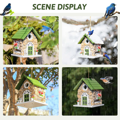 2 In1 Bluebird Bird House for Outside Clearance, Birdfeeder for Outdoor, Heavy Duty Stone Villa, Hanging Birdhouse Feeder for Outside, Stainless Steel, Garden Statue Solid Cedar Wood Longtime Lasting