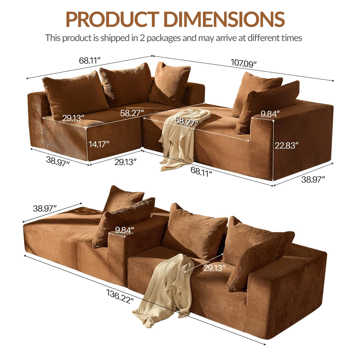 108” Modular Sectional Sofa, Boneless Cloud Couch with Oversized Chaise and Deep Seat, Comfortable High-Density Memory Foam Sectional Couches for Living Room, Bedroom, No Assembly Required (Brown) HUGROVE