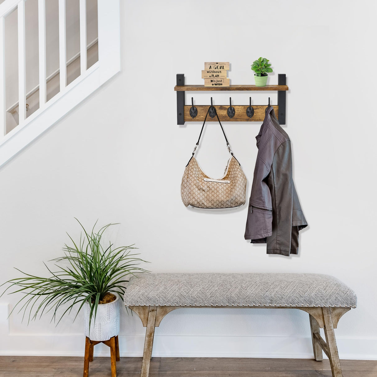 Sorbus Coat Hooks Wall Mount with Shelf – 16 Inch Coat Rack Wall Mount with 5 Heavy Duty Hooks – Floating Wall Shelf with Hooks for Entryway, Bathroom, Bedroom, Kitchen, or Mudroom (Rustic Brown) Sorbus