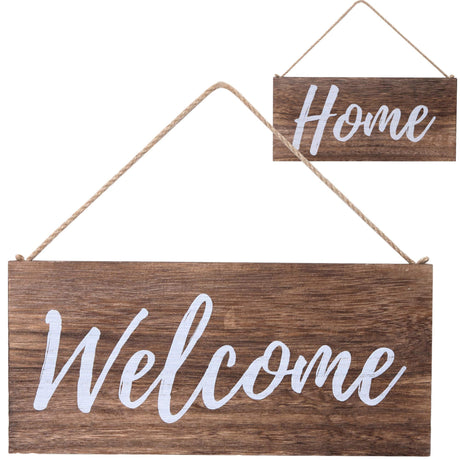 ALBEN Wooden Hanging Welcome Sign – Reversible Message 12" x 6" Rectangular Farmhouse Outdoor/Indoor Décor – Rustic Sign for Porch or Front Door Natural Wood Grain (Brown) ALBEN