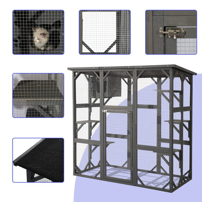 LEISU Large Outdoor Cat House Outdoor Wooden Cat Cage Cat Enclosure with Weatherproof Large Run, Jumping Platforms for Play Catio Cat Patio with Large Entrance Easy to Clean (Dark Grey) - WoodArtSupply