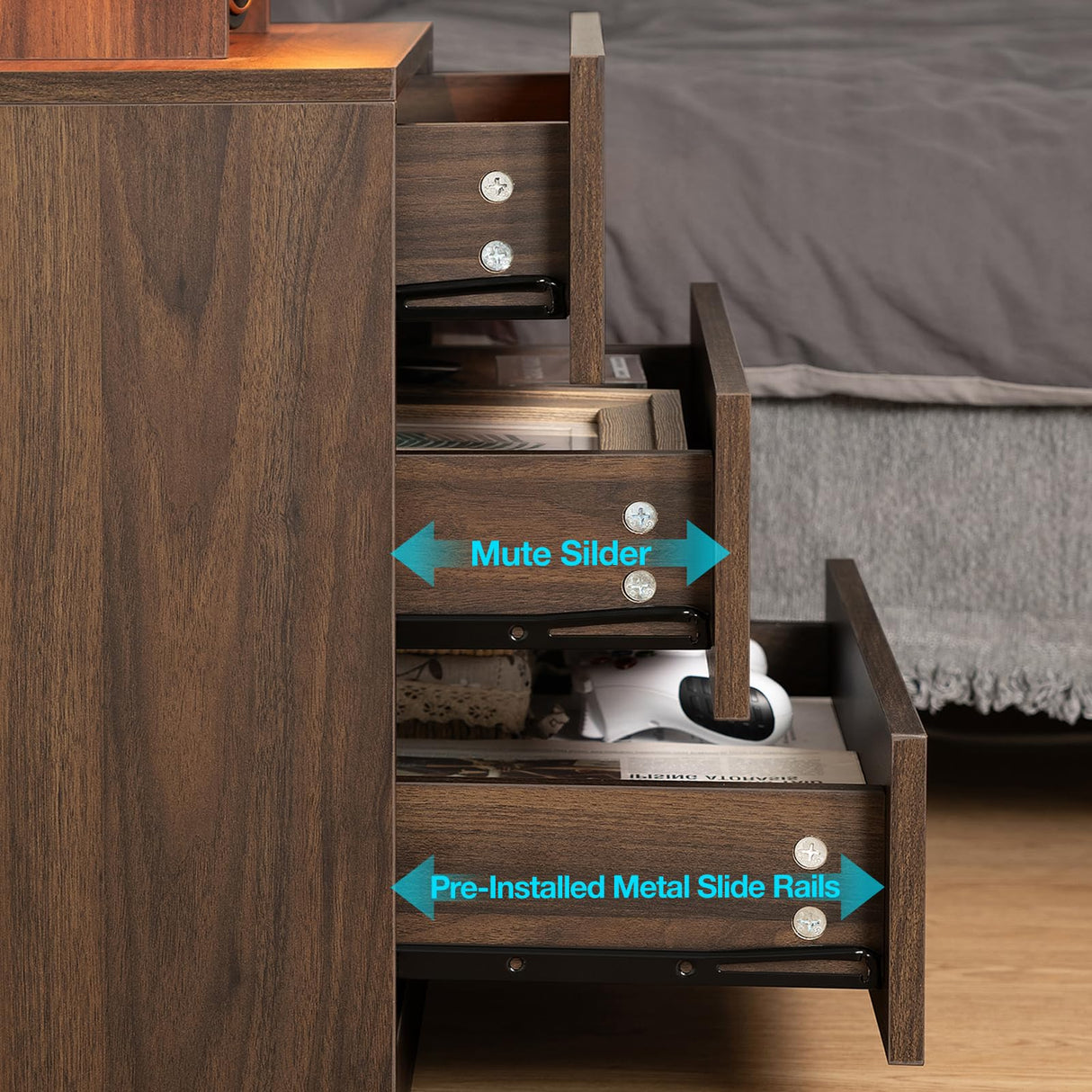 HOMMPA LED Nightstand with Wireless Charging Station Dark Walnut Mid Century Bedside Table with Led Light Smart Nightstand USB Port Type C Tall Night Table with 3 Drawers Wood Night Stand for Bedroom HOMMPA