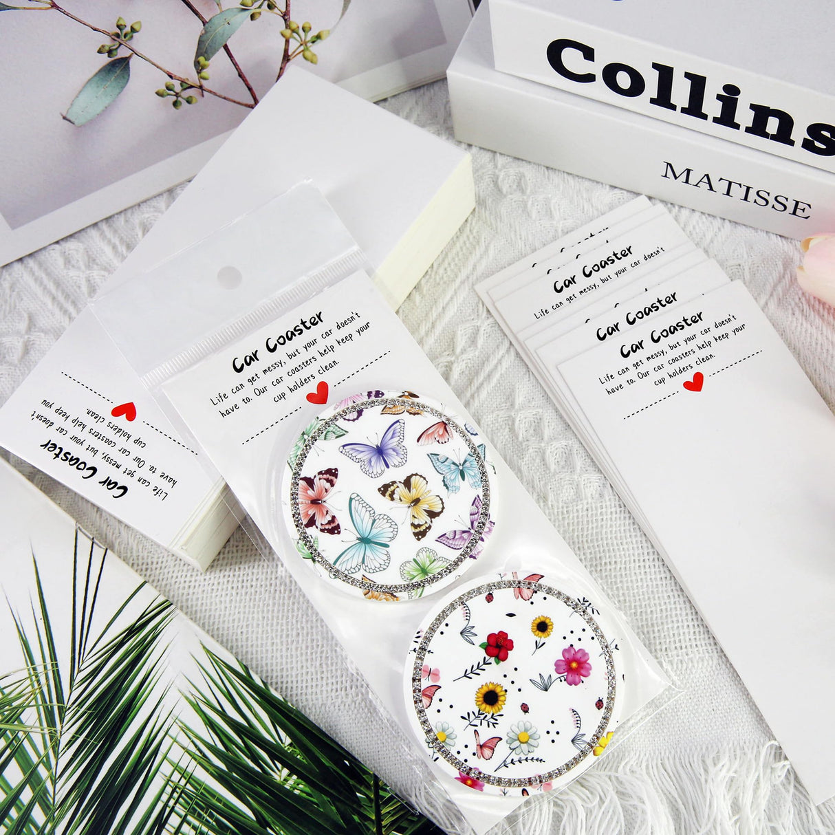 Potanro Car Coaster Packaging for Selling 100 PCS Sublimation Car Coasters Car Coaster Display Cards and Bag White Cards 6.8 x 2.9 Inch Self-Seal Bags Blanks Sublimation Blanks Bulk (White) Potanro