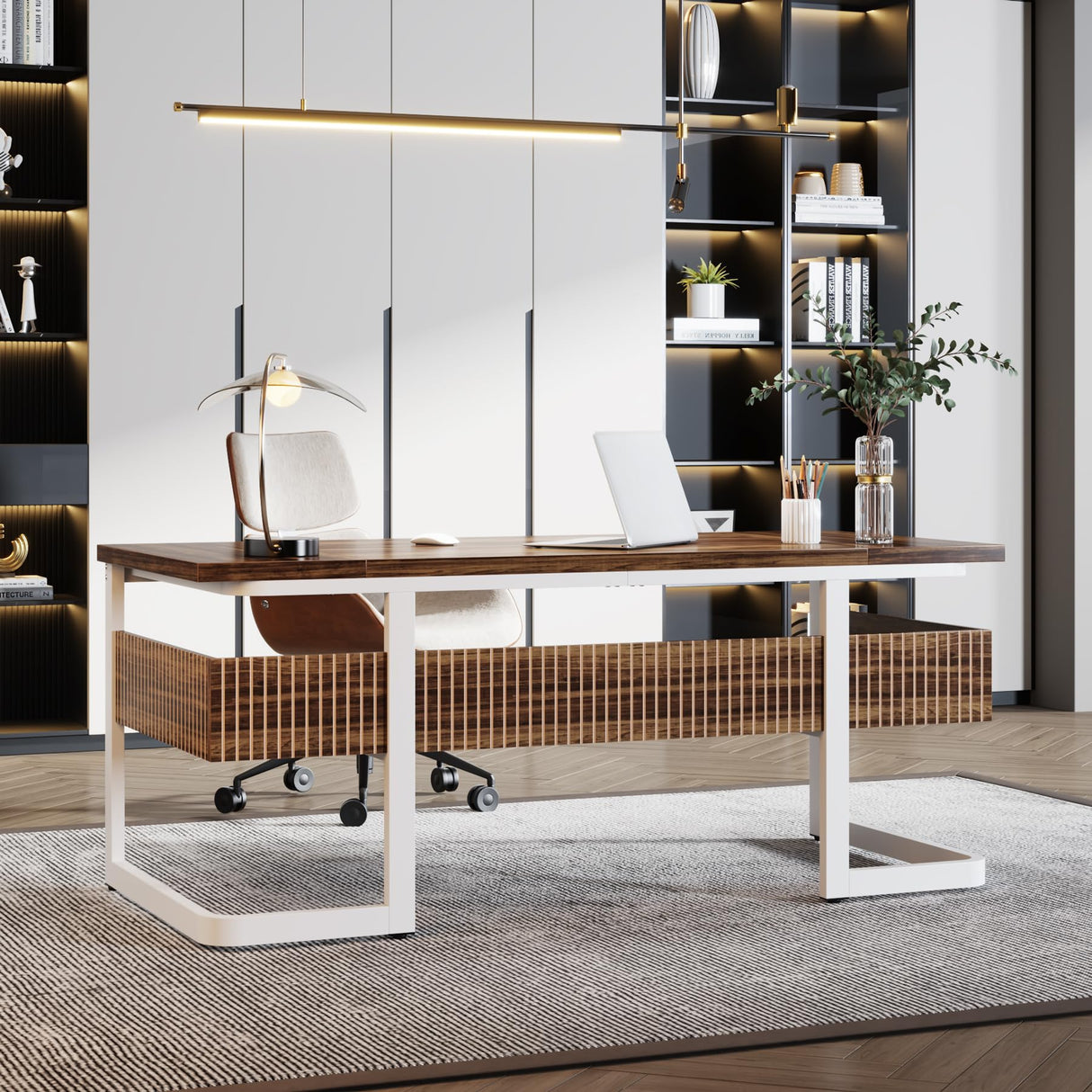 Tribesigns 63" Executive Desk with Bottom Shelves, Large Office Computer Desk, Modern Simple Workstation Business Furniture for Home Office (Walnut & White) Tribesigns