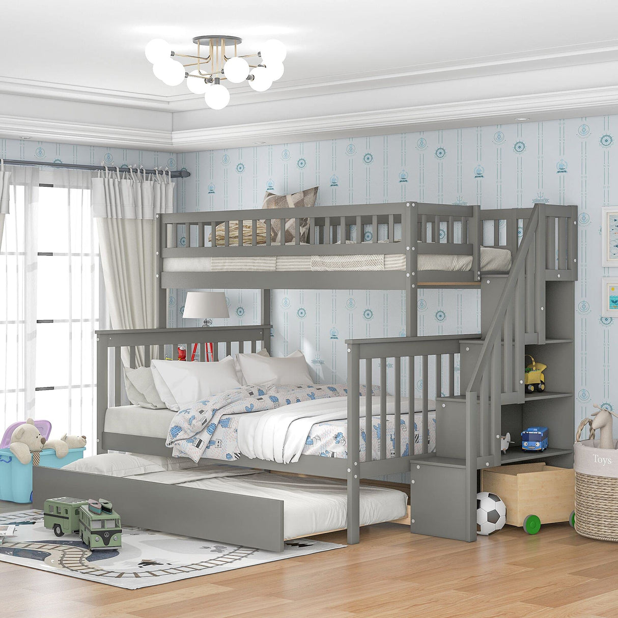 Harper & Bright Designs Twin Over Full Bunk Beds with Trundle, Bunk Beds with Stairs and Storage Shelf,Wood Bunk Beds with Full-Length Guard Rail for Kids, Gray Harper & Bright Designs