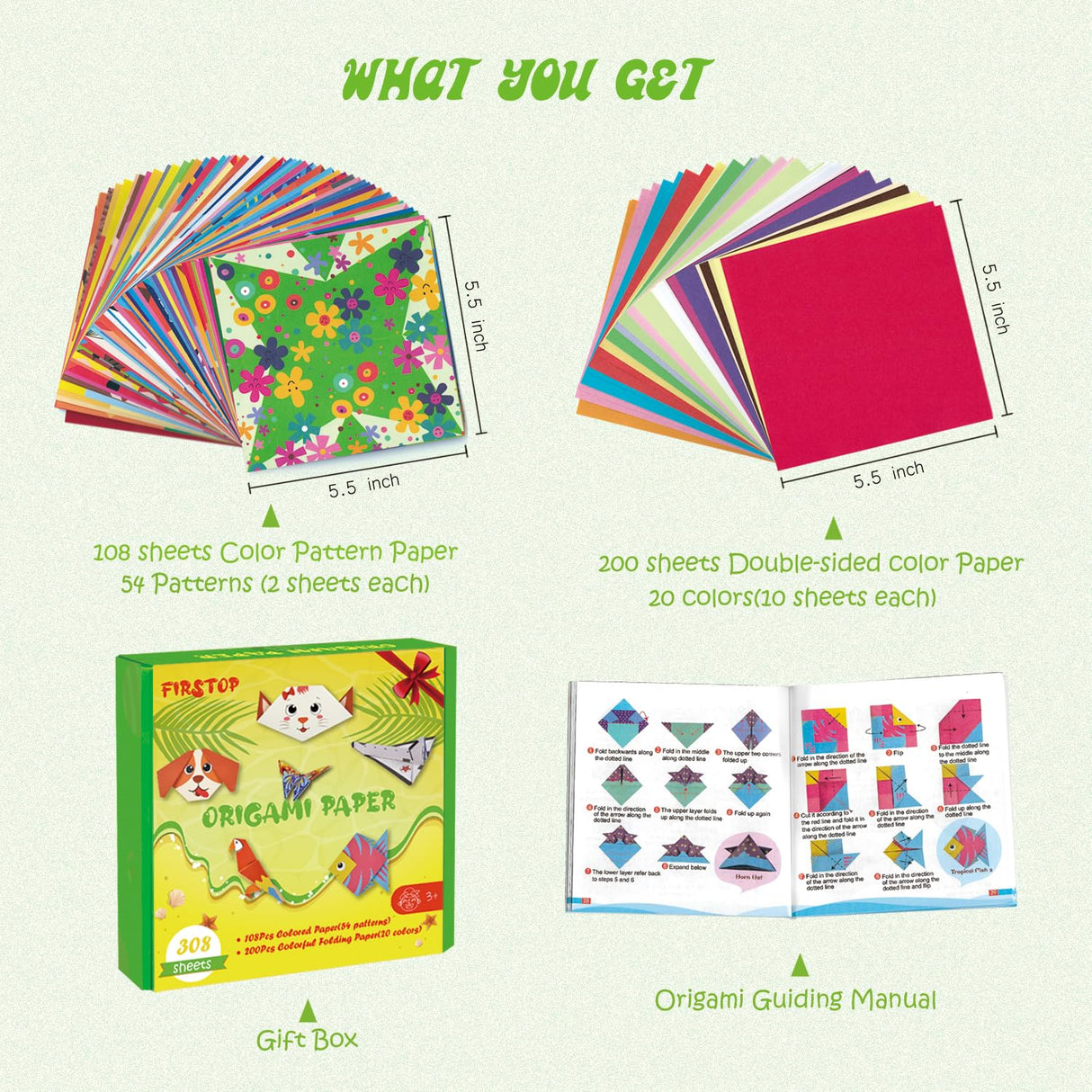 308 Sheets Origami Paper Kit, 5.5inch Craft Origami Set for Kids Ages 5-12, with 54 Patterns & Guiding Book for Beginners, Art Projects for Children Adult, Birthday Christmas Gifts for Boys&Girls Firstop