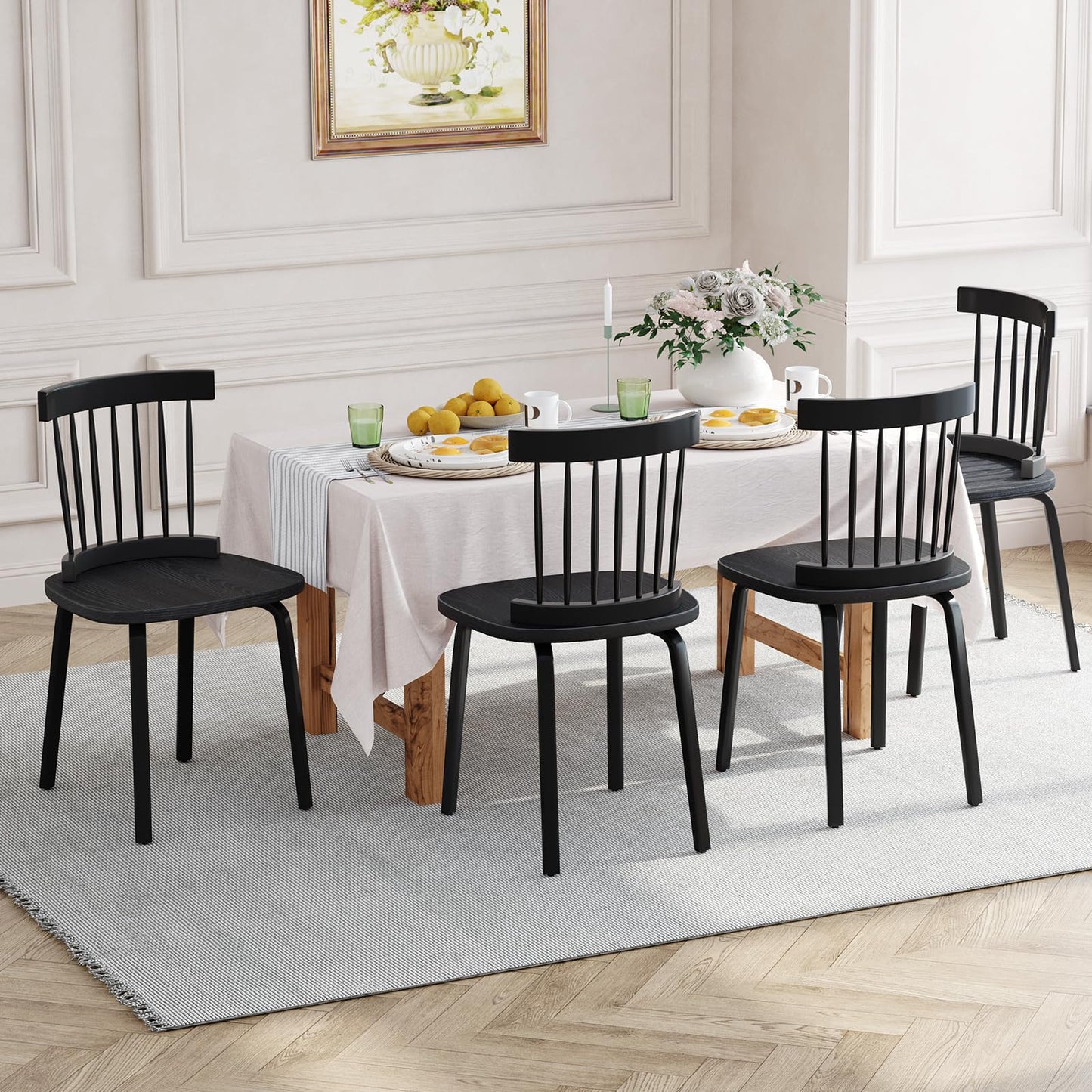 Unovivy Windsor Dining Chairs Set of 4, Wood Farmhouse Spindle Back, Widen Seat, Mid-Century Modern French Country Style, for Living Room Restaurant, Black