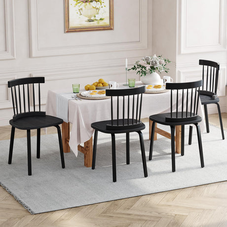 Unovivy Windsor Dining Chairs Set of 4, Wood Farmhouse Spindle Back, Widen Seat, Mid-Century Modern French Country Style, for Living Room Restaurant, Black Unovivy