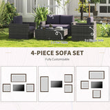 Outsunny 4 Piece Wicker Patio Furniture Set with Cushions, Outdoor Sectional Furniture with 2 Sofa, Loveseat, and Glass Top Coffee Table, Conversation Sofa Sets for Garden, Gray Outsunny